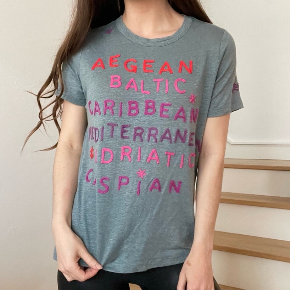 Chaser loves Anthropologie ocean names Travel Dark Grey Tshirt sz medium